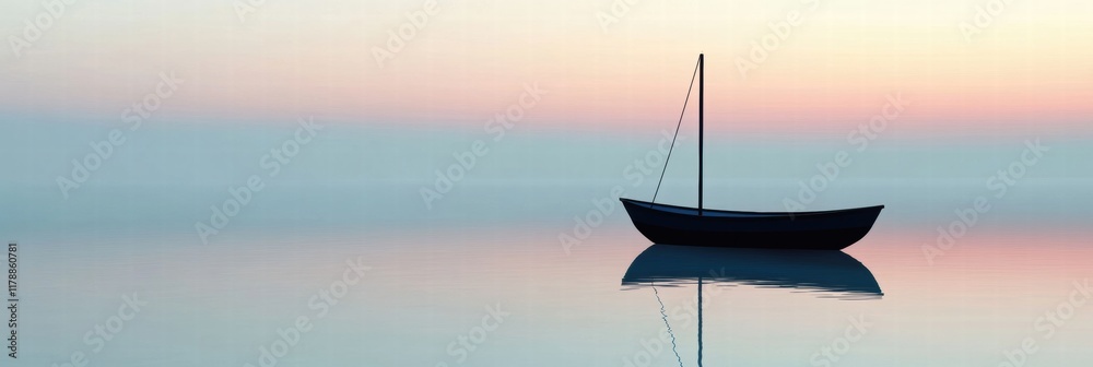 Poster calm water with a simple boat silhouette reflecting soft hues at dusk showcasing peaceful surroundin