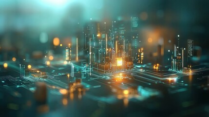 Industrial digital network overlaid on a bustling urban zone high-resolution gigapixel technology visualization futuristic environment aerial viewpoint innovation concept