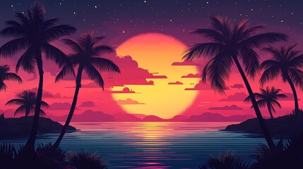 Tropical island with palm trees and sunset over the ocean