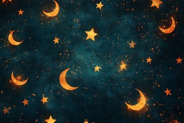 Fototapeta premium A captivating night sky featuring a beautiful arrangement of golden moons and shimmering stars set against a deep blue background, evoking a sense of magic and tranquility.