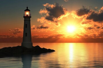 A stunning image of a lighthouse standing tall against a vibrant sunset, casting its light over calm water. This serene scene showcases natural beauty and tranquility.