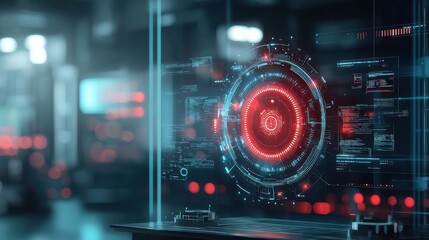 Fototapeta premium Innovative holographic shield technology demonstrates advanced defense mechanisms in futuristic control room capturing imagery of virtual safety