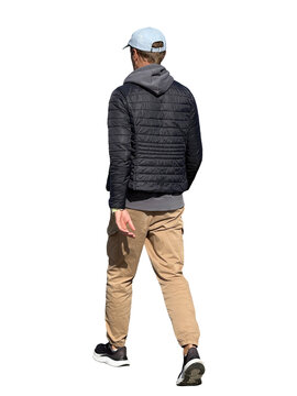 Full-body isolated image of a man in a black jacket, beige pants, and light blue cap, walking away. Ideal for 3D rendering, architectural visualization, and creative projects. Cutout Rear View
