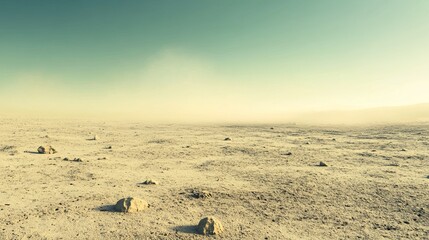 Naklejka premium Expansive desert scene with scattered rocks and a clear sky, capturing the serene beauty of a barren landscape.