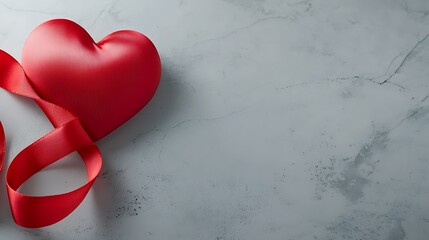 Red satin ribbon artfully arranged in the shape of a heart set against a clean minimalist gray background  This romantic symbolic image represents love passion and affection