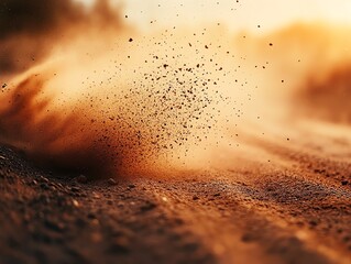 Close-up of dust cloud kicked up by vehicle on a dirt road at sunset.