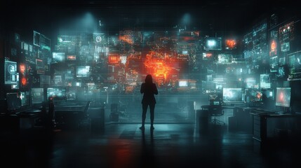 Advanced digital monitoring center global threat analysis hub high-tech environment futuristic viewpoint cybersecurity concept