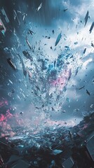 Fototapeta premium A stunning abstract image of a heart made from shattered glass, set against a dramatic sky with vibrant colors and dynamic motion.