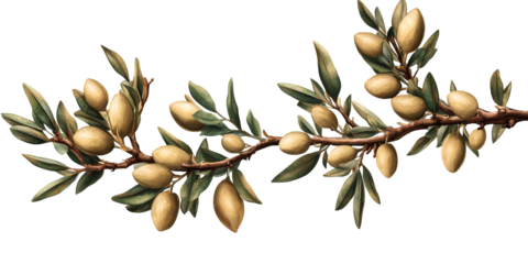 Close-up illustration of a beautiful almond branch laden with ripe fruits and lush green leaves.