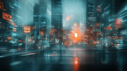 Advanced ransomware mitigation techniques in a futuristic urban environment digital visualization cybersecurity landscape high-tech cityscape perspective