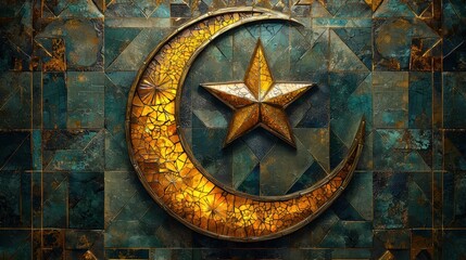 Fototapeta premium Crescent Moon and Star Mosaic: A Golden Islamic Art