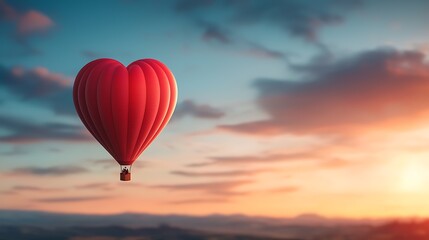 Fototapeta premium Romantic heart shaped hot air balloon gracefully soaring through a vibrant and colorful sunset sky creating a captivating and serene scene of natural beauty and wonder