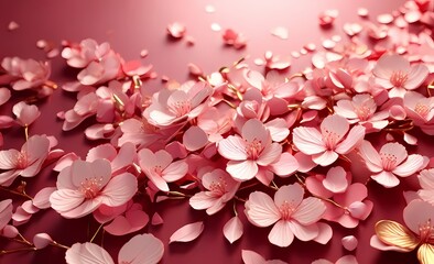 Fototapeta premium elegant cherry blossom composition with delicate pink petals scattered gracefully soft focus and subtle lighting create a romantic springtime atmosphere on pink background
