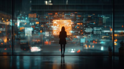 Innovative business workflow visualization modern office digital content futuristic environment eye-level view holographic technology concept