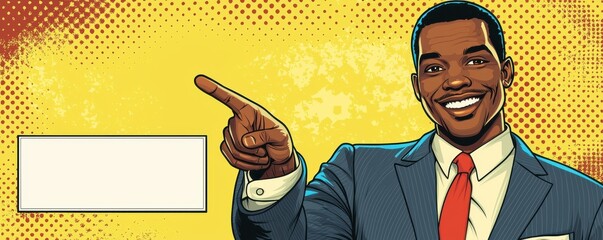 Smiling businessman pointing with colorful comic book style background