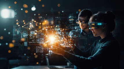 Holographic collaboration of figures around a glowing tablet futuristic workspace digital art high-tech environment close-up perspective innovative technology concept