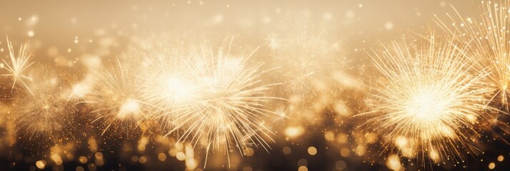 Abstract Gold Glitter Background with Fireworks Celebrating Christmas and New Year in Festive Atmosphere
