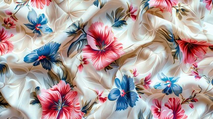 Silk fabric with red and blue flowers Texture, pattern. background, 