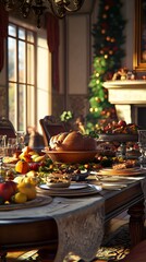 Fototapeta premium A festive dining table filled with a variety of delicious dishes for a holiday celebration.