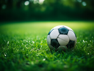 Fototapeta premium Football on the Field: Close-Up with Detailed Grass and Vibrant Sports Aesthetic