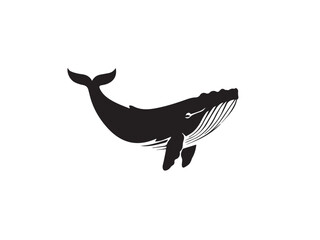 Black whale silhouette. Vector illustration of a whale silhouette. Vector black silhouette of a whale isolated on a white background.	