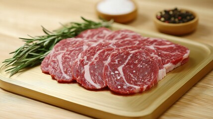 Fototapeta premium A tray of meat with a bunch of herbs on top