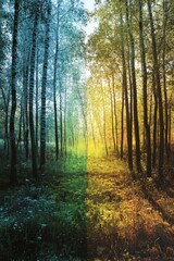 Fototapeta premium Nature-inspired lenticular poster, a forest scene shifting between day and night, showcasing vibrant details