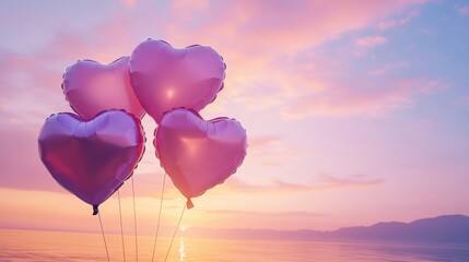 Obraz premium Pink Heart Balloons Float at Sunset Over Water