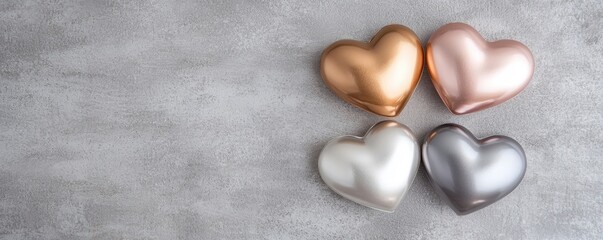 Obraz premium Metallic heart ornaments with sleek, polished finishes in rose gold, silver, and champagne tones, creating a chic and contemporary Valentine decor