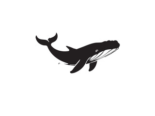 Black whale silhouette. Vector illustration of a whale silhouette. Vector black silhouette of a whale isolated on a white background.	