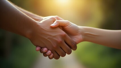 Close-up of adult and child hands holding gently, symbolizing trust and care, perfect for family support, parenting, healthcare, and emotional connection themes, natural light, blurred green backgrou