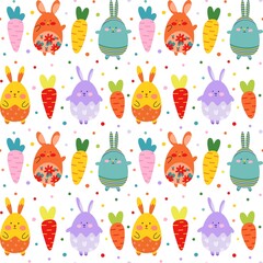 Cute seamless pattern with colorful bunnies, carrots, and confetti on a white background. Perfect for kids' products, textiles, or packaging