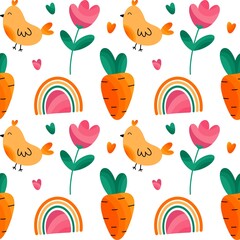 Bright seamless pattern with cheerful birds, carrots, flowers, rainbows, and hearts on a white background. Ideal for kids' products and cheerful designs