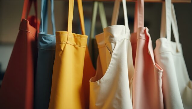 Colorful aprons hanging on hooks, kitchen cooking attire for chefs and home cooks, perfect for culinary events, cooking classes, restaurant staff, soft blurred background with warm natural light