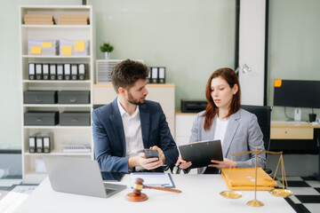 Modern lawyer office a professional discussion, legal documents, and teamwork. Perfect