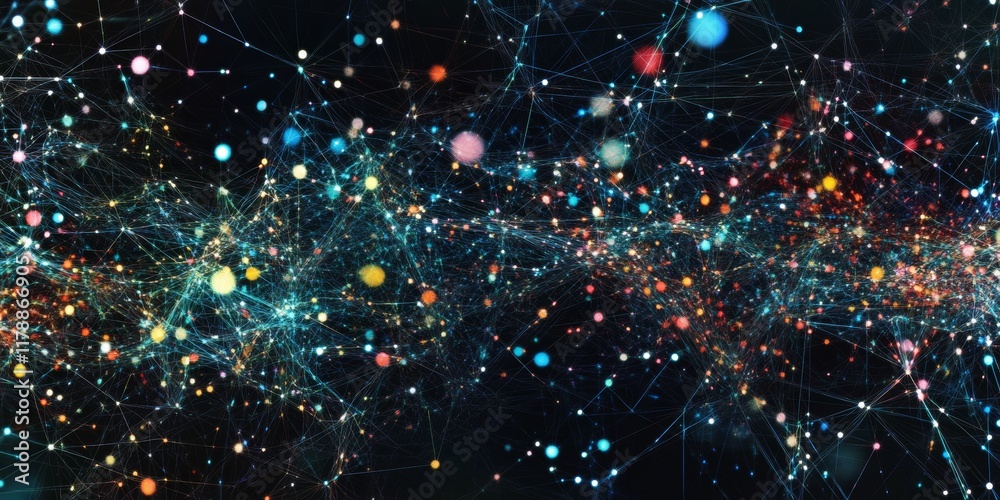 Poster conceptual visualization of connected dots representing big data networks in a digital universe