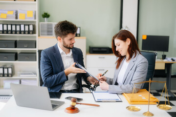 Modern lawyer office a professional discussion, legal documents, and teamwork. Perfect