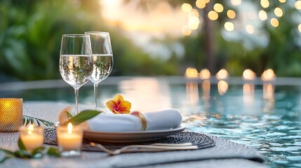 Elegant and Intimate Dinner Setting with a Table Laid Out for a Special Occasion Surrounded by Floating Candles that Beautifully Reflect in the Serene Pool Creating a Tranquil and Luxurious Ambiance