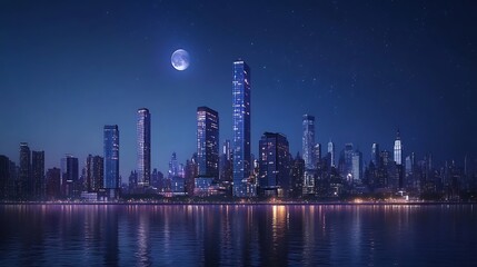 Night Cityscape:  Manhattan Skyline Under a Full Moon