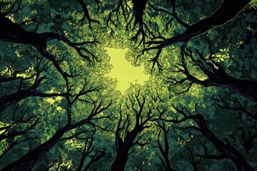 Obraz premium Rainforest preservation poster, intricate tree canopy illustrations, dark greens, and empowering slogans