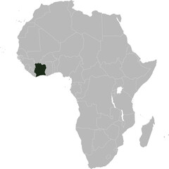 Detailed national location map of IVORY COAST (COTE D'IVOIRE) within the great continent of Africa