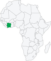 Detailed national location map of IVORY COAST (COTE D'IVOIRE) within the great continent of Africa