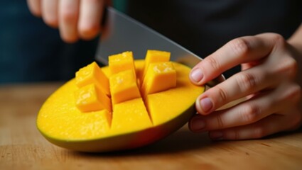 Close-up of fresh ripe mango being sliced by person’s hand with knife on wooden cutting board, healthy tropical fruit preparation concept for kitchen, cooking blog, summer recipes background vibrant