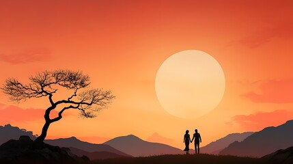 Silhouetted couple holding hands together against a breathtaking backdrop of a dramatic orange and red sunset sky over a rugged mountainous landscape