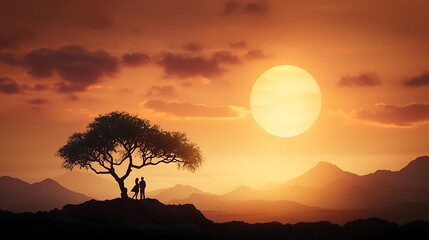 Silhouetted Couple Standing Amidst Breathtaking Mountainous Landscape Admiring the Golden Sunset Over Distant Peaks with Dramatic Sky