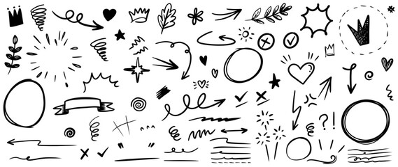 Hand drawn doodle style collection of heart, scribble, star, check mark, spirals, arrow, highlight, speech bubble, underline, sparkles, leaves, wind, lightning, and emphasis element.