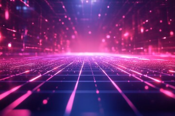 A bright pink and blue background with a grid of dots