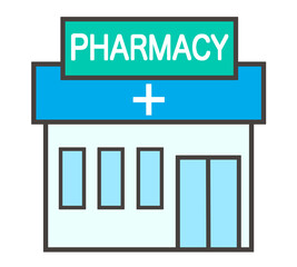 薬局　素材　アイコン　外観　店舗　シンプル　おしゃれ　爽やか　ポップ　文字　あしらい　挿絵　処方薬局　調剤薬局　医薬品　処方箋　白背景　透過　Pharmacy building icon