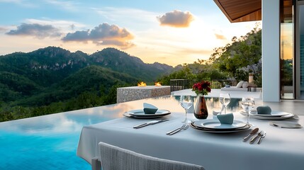 Elegant floating dining setup with fine tableware and luxurious decor overlooking a breathtaking scenic mountain and valley landscape at a serene infinity pool in a luxurious resort or villa