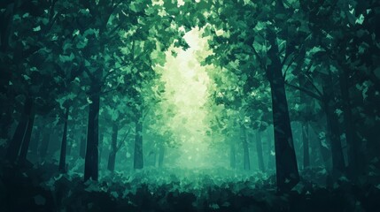 Obraz premium A forest with trees and a path. The trees are green and the path is in the middle of the forest